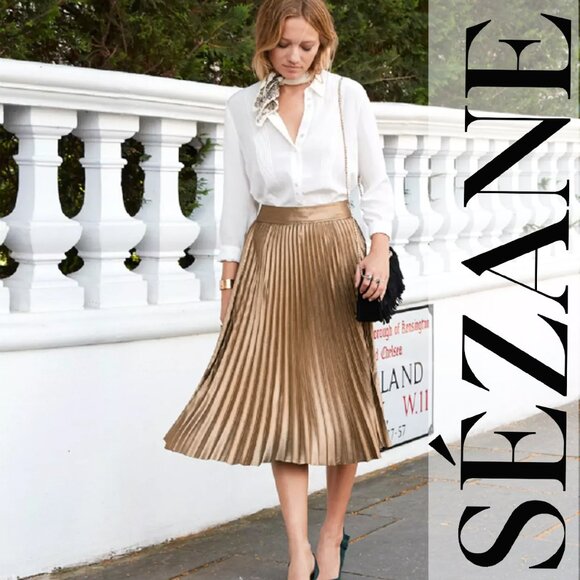 NWT Sézane Dino Pleated Midi Skirt in Champagne - US Size 8 - Picture 1 of 14